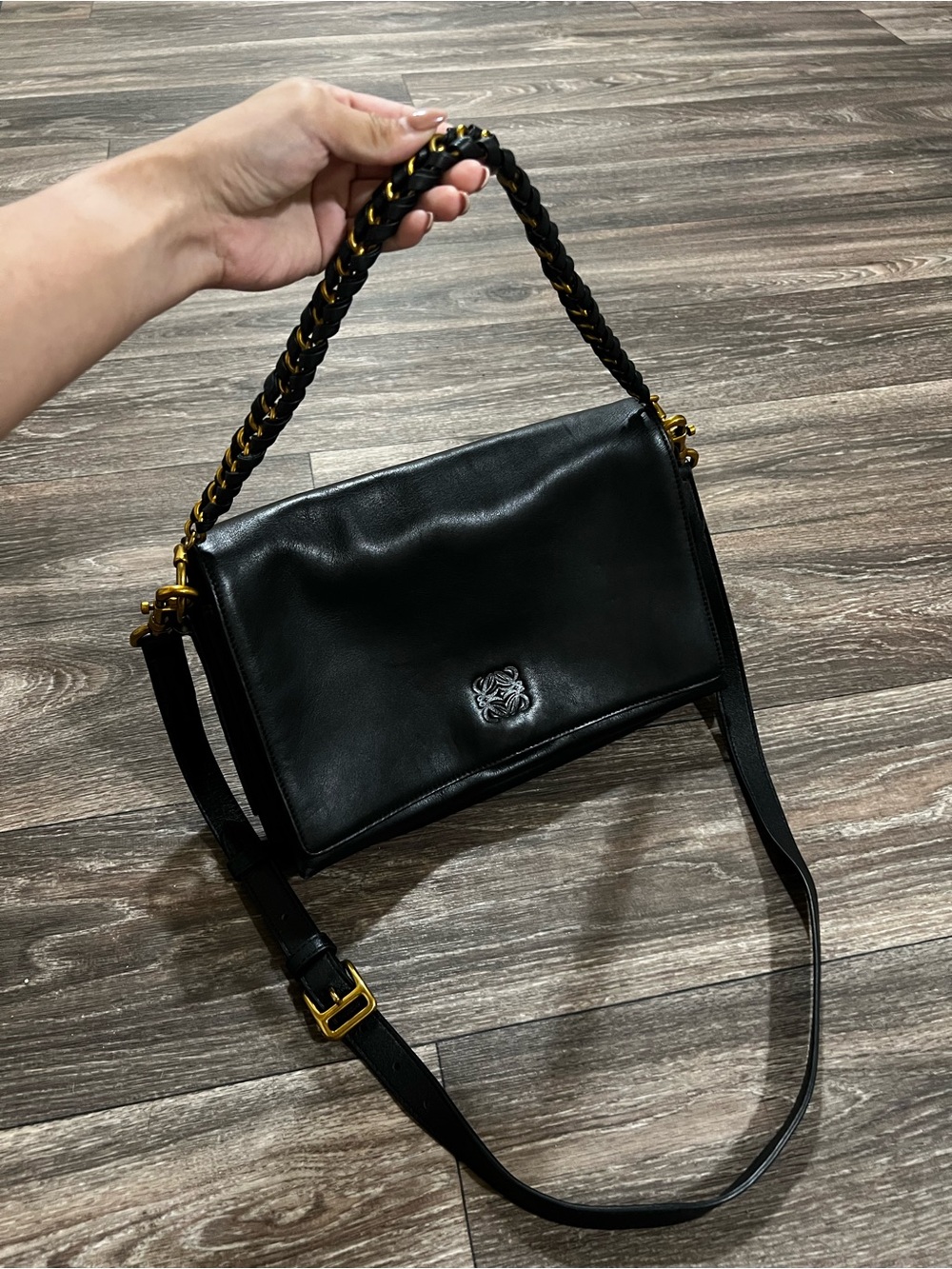Loewe Anagram 2Way Black Nappa Leather Messenger Shoulder Bag with Gold Hardware